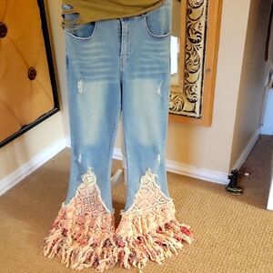 Blue Flare Jeans with Cream Lace Hem